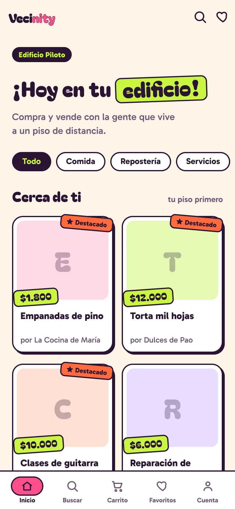 Catálogo del edificio con productos de tres vecinos